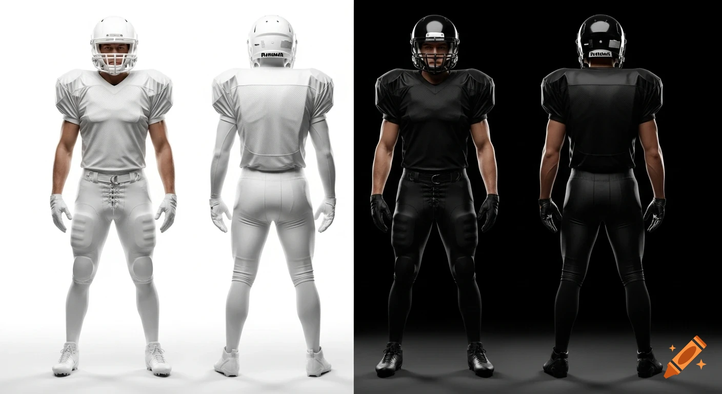 Four American football players in a studio shot. Two wear white uniforms on a white background, one front, one back. Two wear black uniforms on a black background, one front, one back.