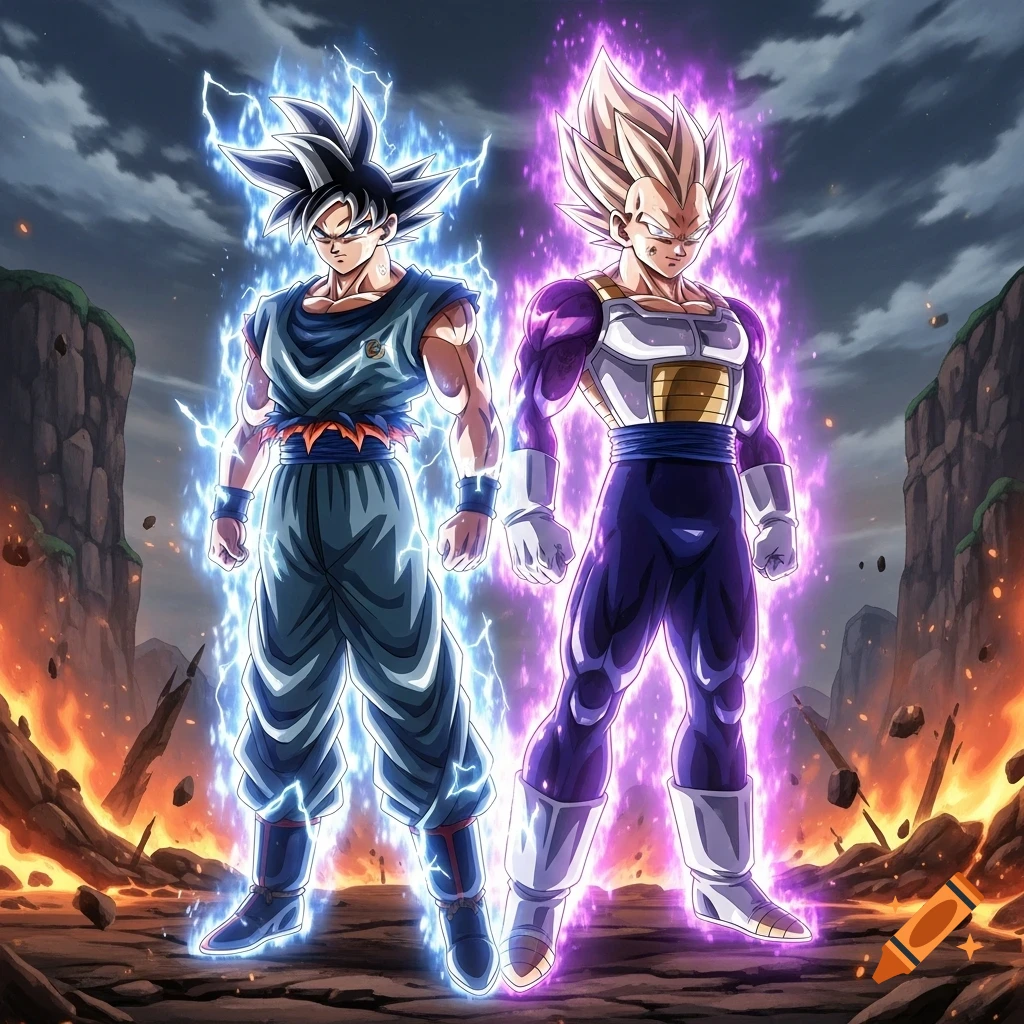 Ultra Instinct Goku with a blue aura and Ultra Ego Vegeta with a purple aura stand against a fiery, stormy sky.