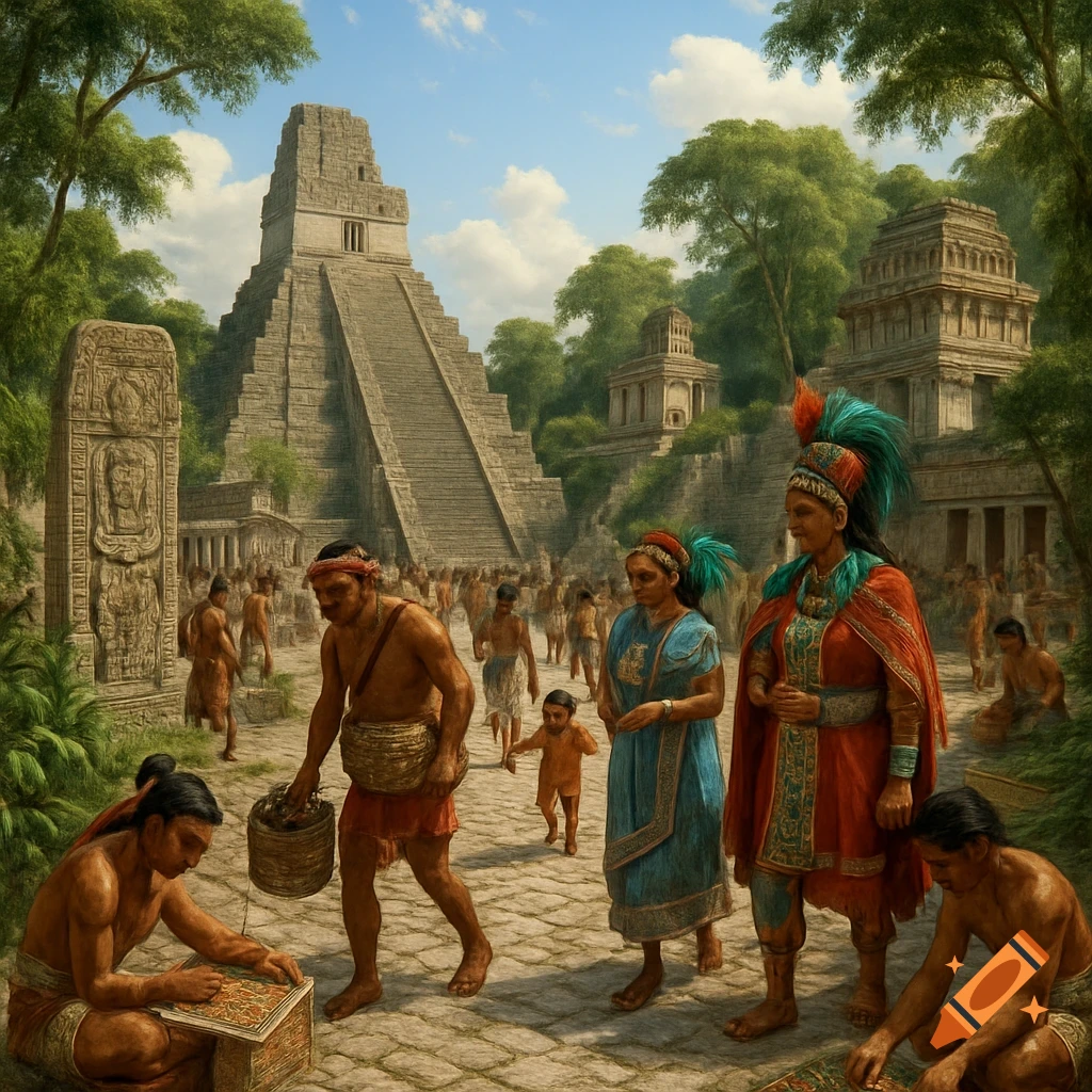 A photorealistic depiction of daily life in an ancient Mayan city, with people, elaborate pyramids, and temples surrounded by dense jungle vegetation under a blue sky.