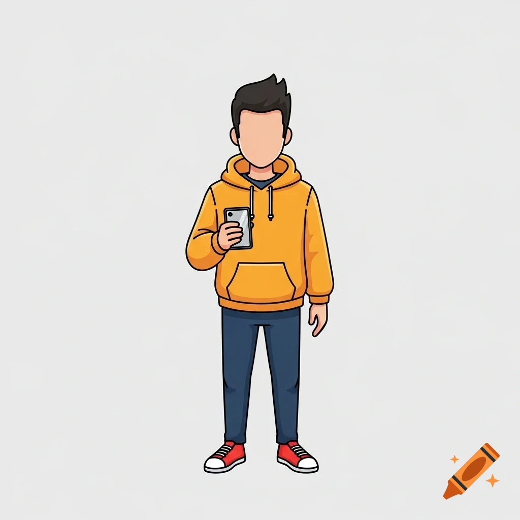 A cartoon male character in an orange hoodie and blue pants, holding a smartphone. The character is faceless against a plain background.