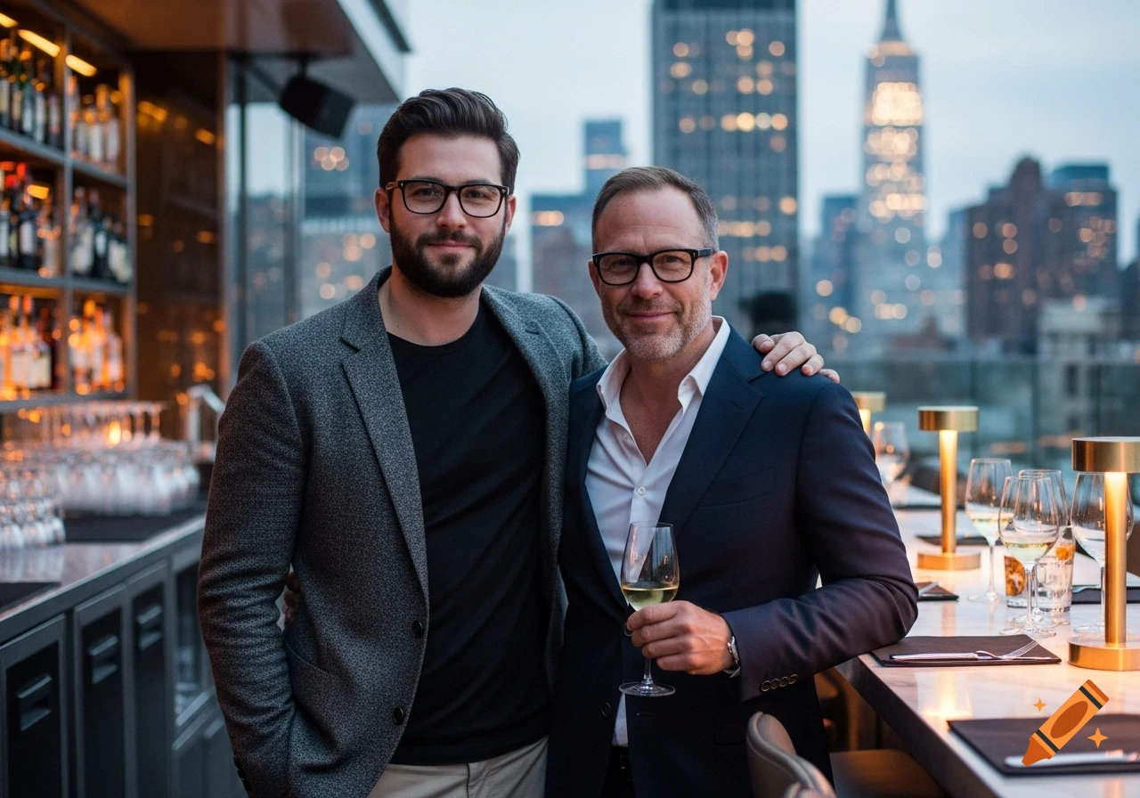 Two elegantly dressed men with glasses posing at a rooftop bar with a city skyline at dusk in the background.
