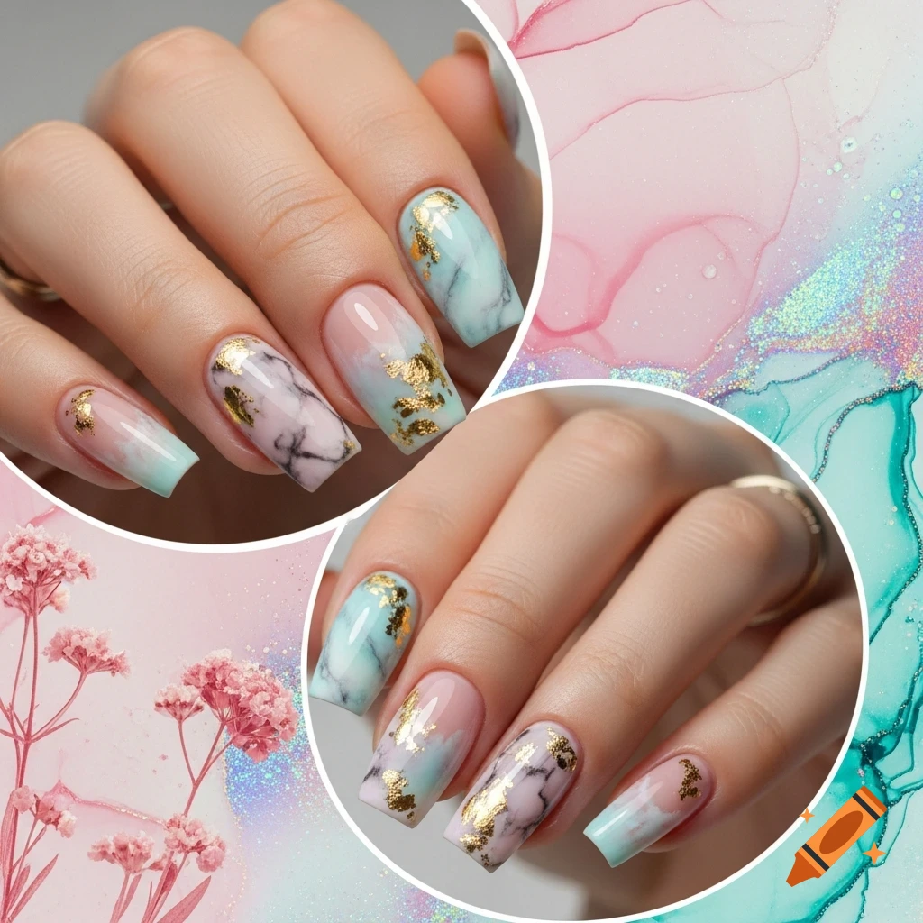 Two hands display pastel pink and mint green marble nail art with gold flakes, set against abstract fluid backgrounds.