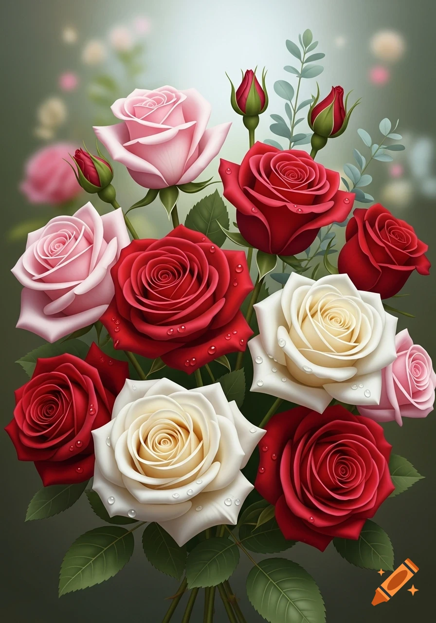 A vibrant bouquet of pink, red, and white roses with green leaves and water droplets, depicted in a detailed digital painting.