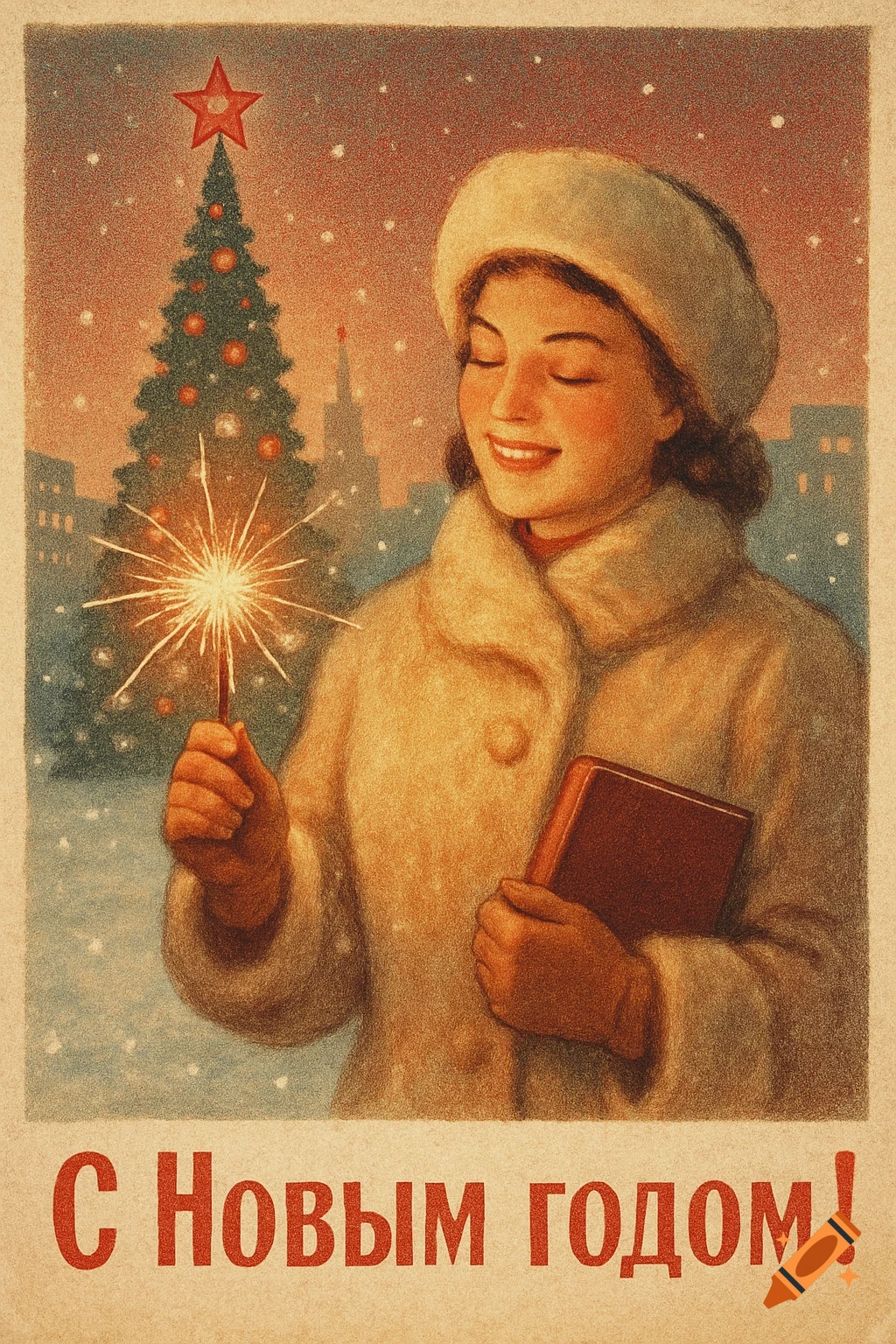 Vintage illustration of a woman in a fur coat holding a sparkler and book, a snowy Christmas tree with a red star in the background.