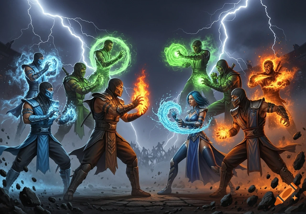 A group of martial arts fighters wielding elemental powers of ice, fire, water, and green energy, with lightning bolts in the sky.