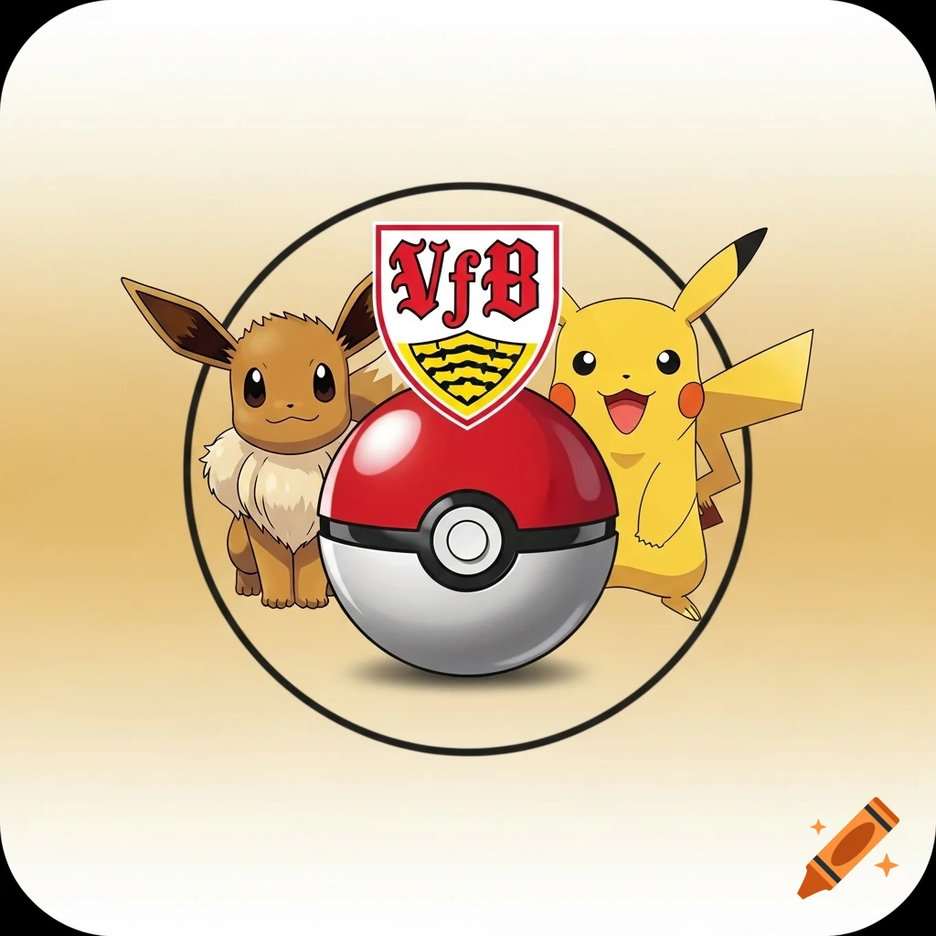 Cartoon Eevee and Pikachu flanking a Pok R71;ball, with a VfB Stuttgart shield logo above, all within a black circle on a gradient background.
