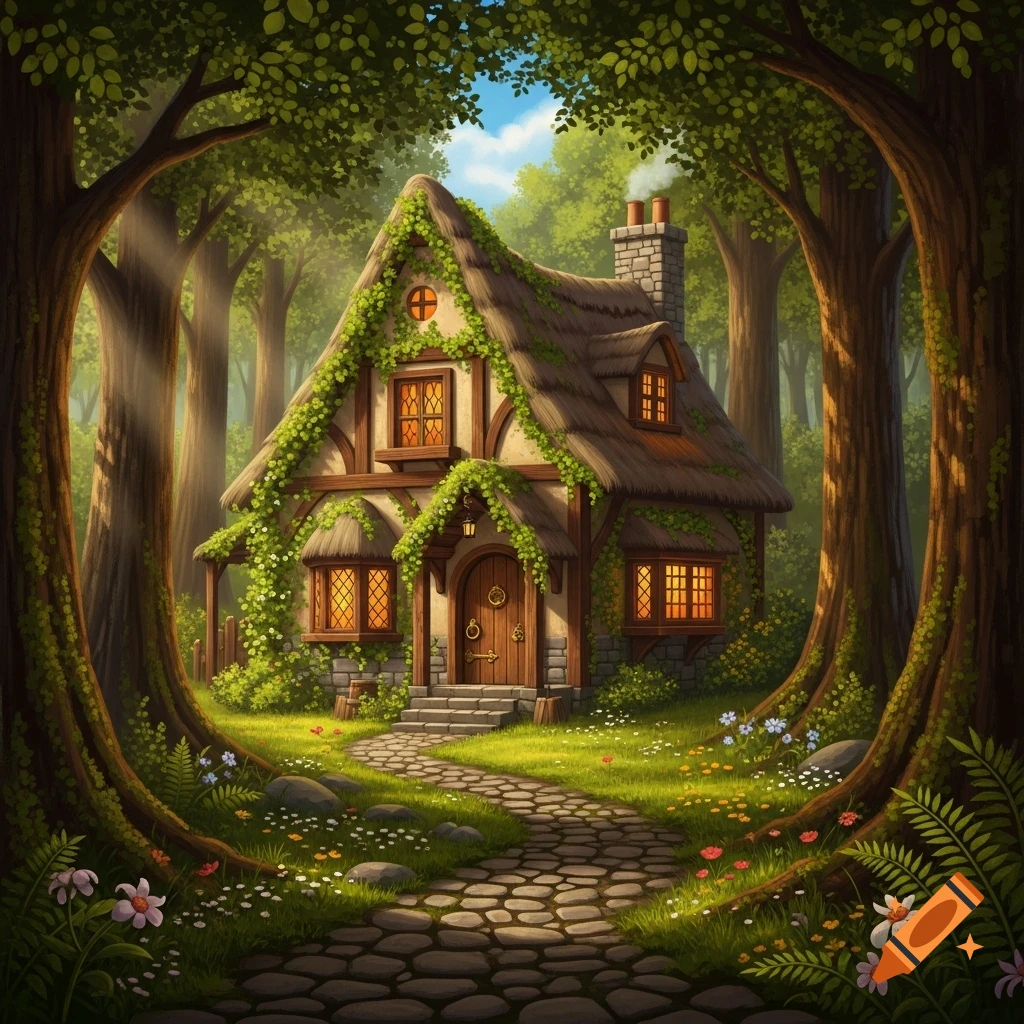 A whimsical, ivy-covered fantasy cottage with glowing windows and a stone path, nestled in a lush, sunlit forest.