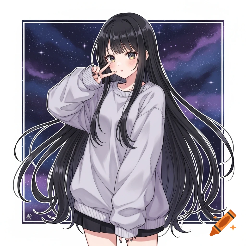 An anime girl with long black hair and a grey baggy sweater makes a peace sign against a starry night sky.