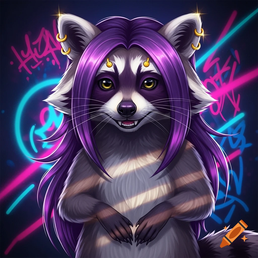 A stylized anthropomorphic raccoon with long purple hair, gold piercings, and bright yellow eyes, smiling against a neon graffiti background.