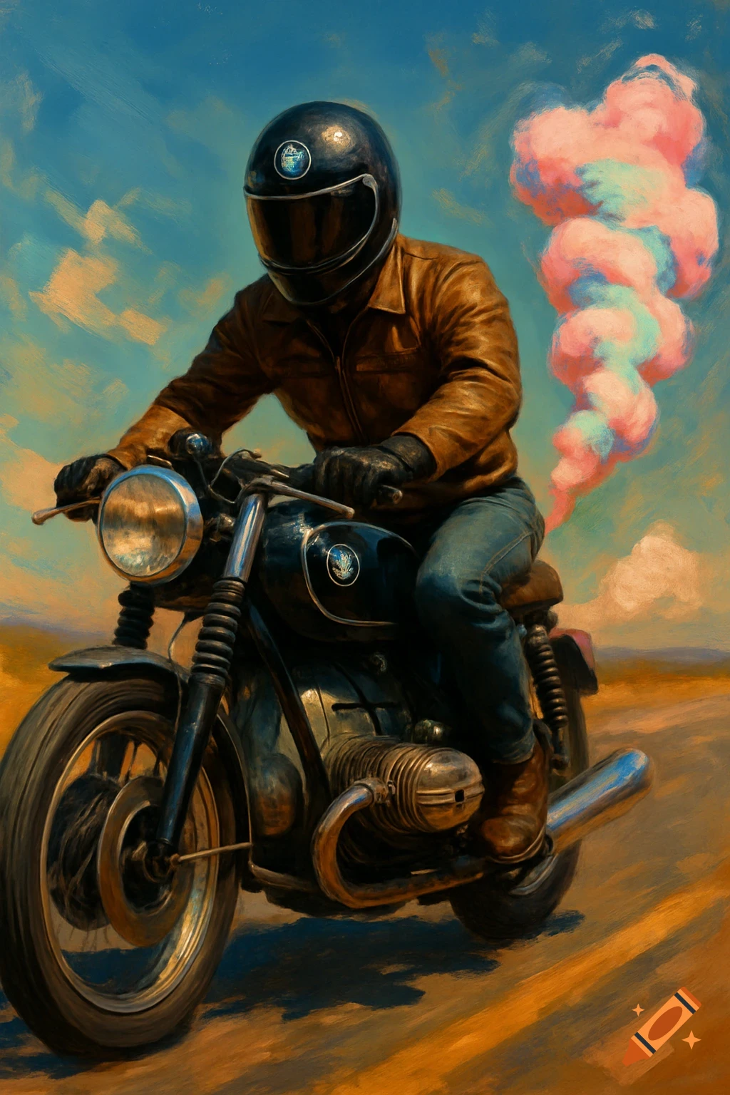 An oil painting of a person in a brown leather jacket and black helmet riding a vintage motorcycle under a blue sky, with pink and blue cotton candy smoke trailing from the exhaust.