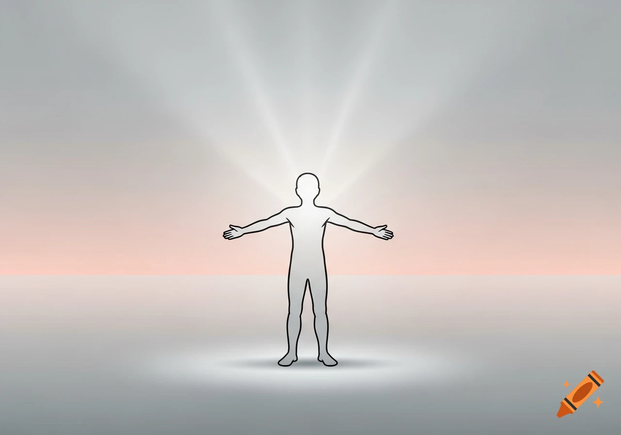 A minimalist illustration of a white human silhouette with outstretched arms, glowing against a light gradient background.