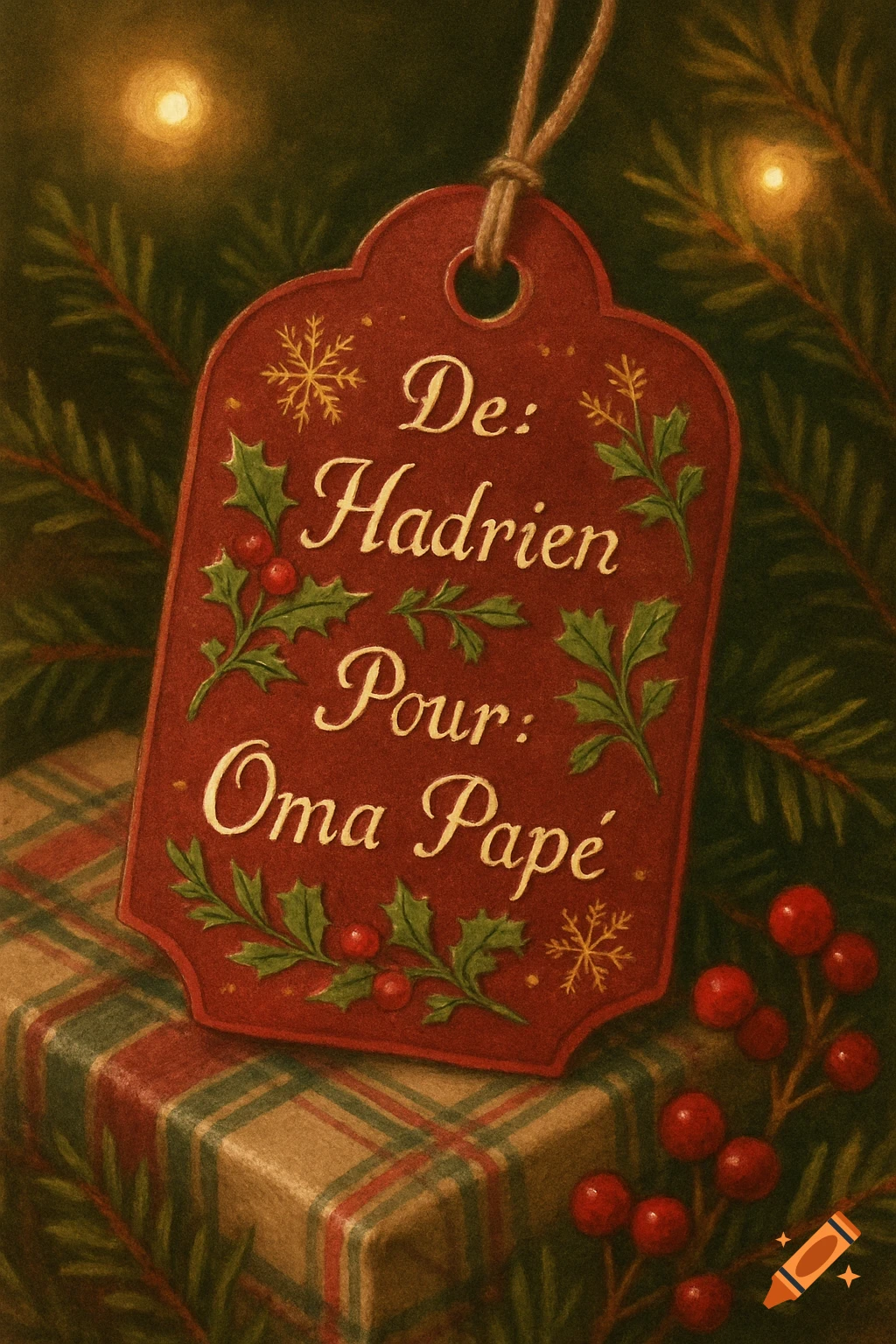 A red Christmas gift tag with text 'De: Hadrien Pour: Oma Papé' hanging over a plaid wrapped gift under a Christmas tree.
