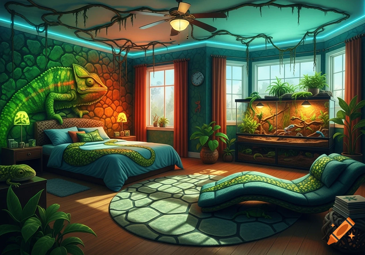 A vibrant, reptile-themed bedroom with a chameleon mural, a bed with a snake blanket, a large terrarium, and lush plants.