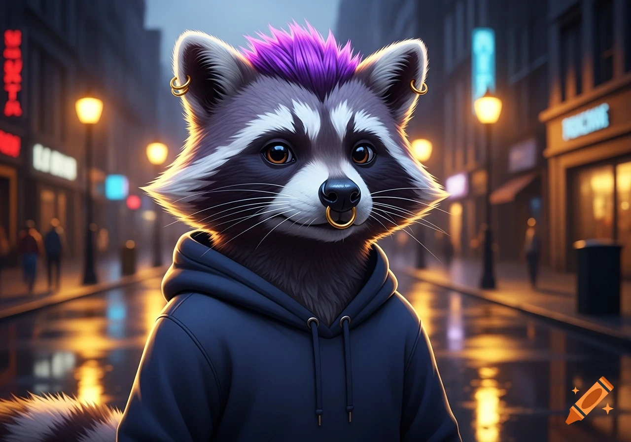 An anthropomorphic raccoon with purple hair, gold ear cuffs, and a septum ring, wearing a dark blue hoodie, stands on a rainy city street at night, with blurred neon signs in the background.