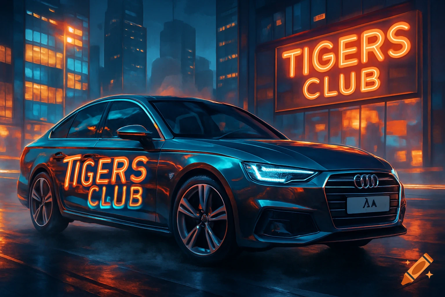 A blue Audi A4 car with "TIGERS CLUB" neon text on its side, parked on a wet street in front of a building with a large "TIGERS CLUB" neon sign, under a dark, glowing city night sky.