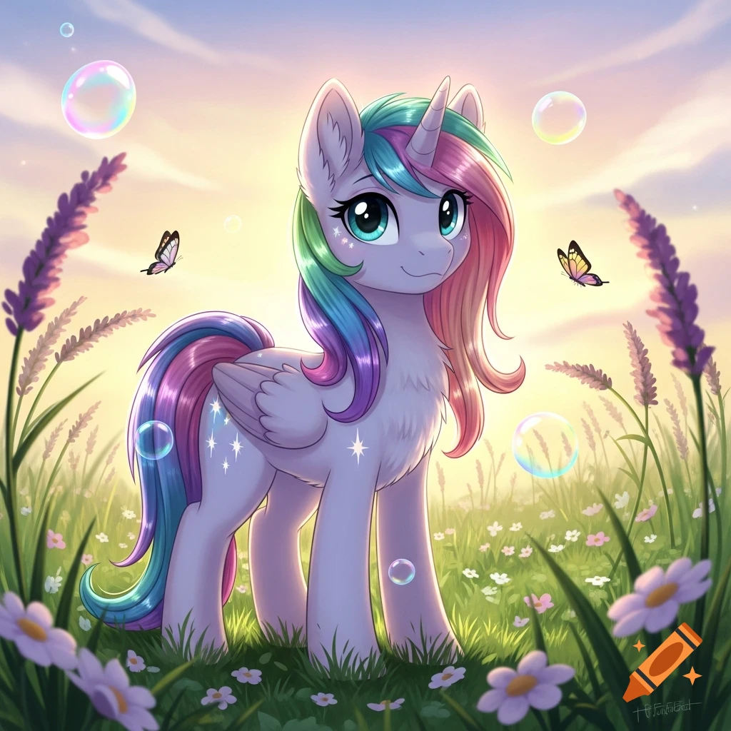 A cartoon unicorn with a rainbow mane and tail stands in a field of lavender and daisies under a sunset sky, with bubbles and butterflies.