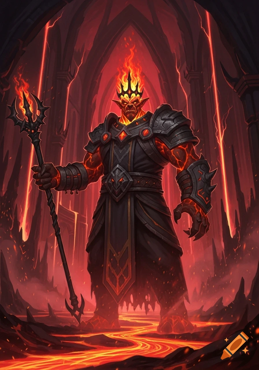 A powerful, fiery demon-like troll in armor, holding a trident, stands in a lava-filled, hellish cathedral.