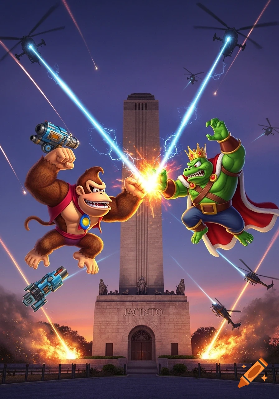 Donkey Kong and King K. Rool hybrids battle with lasers in front of the San Jacinto Monument, with helicopters firing around them at dusk.