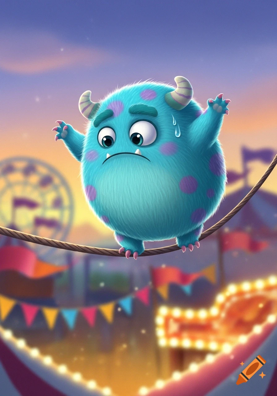 A cute, teal, furry monster with purple spots, horns, and big eyes balances precariously on a tightrope over a colorful carnival.