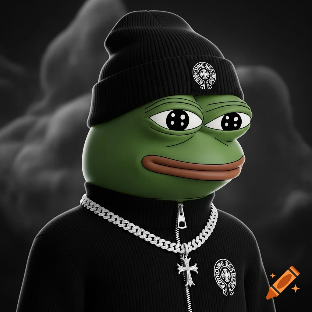 3D render of Pepe the Frog wearing a black beanie with a Chrome Hearts logo, a black zippered sweater, and a diamond chain with a cross pendant.