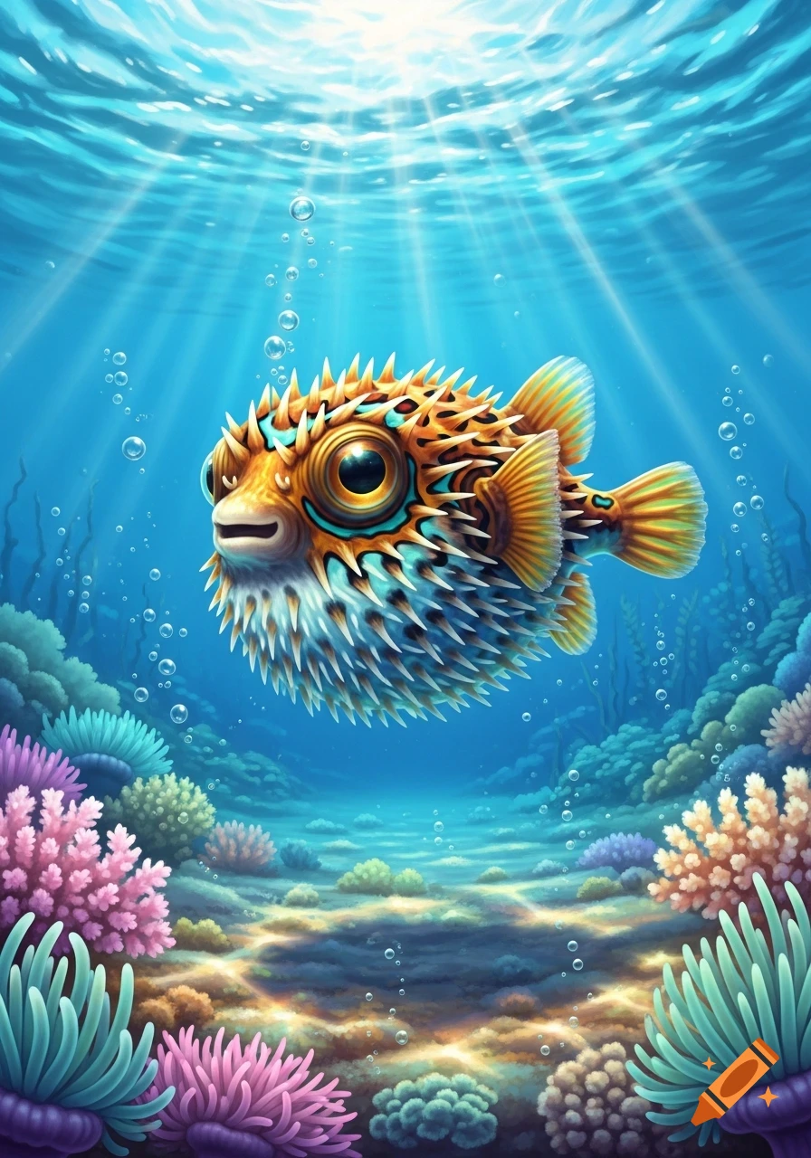 A colorful, cartoony pufferfish swims happily in a vibrant underwater coral reef with sun rays shining through the blue water.