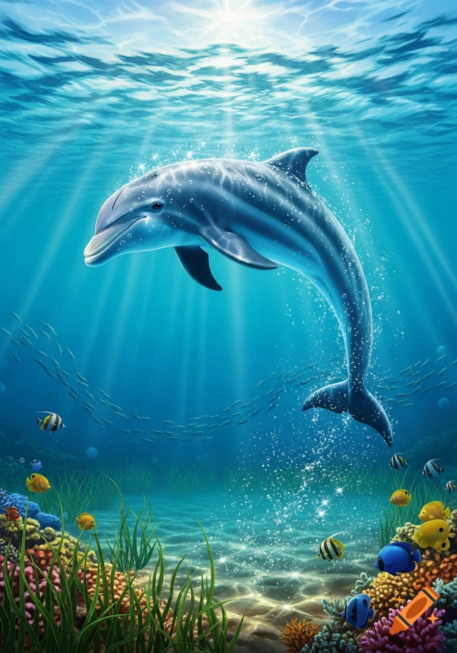 A vibrant underwater scene with a dolphin swimming amidst coral reefs, small fish, and sunlight filtering through the ocean surface.