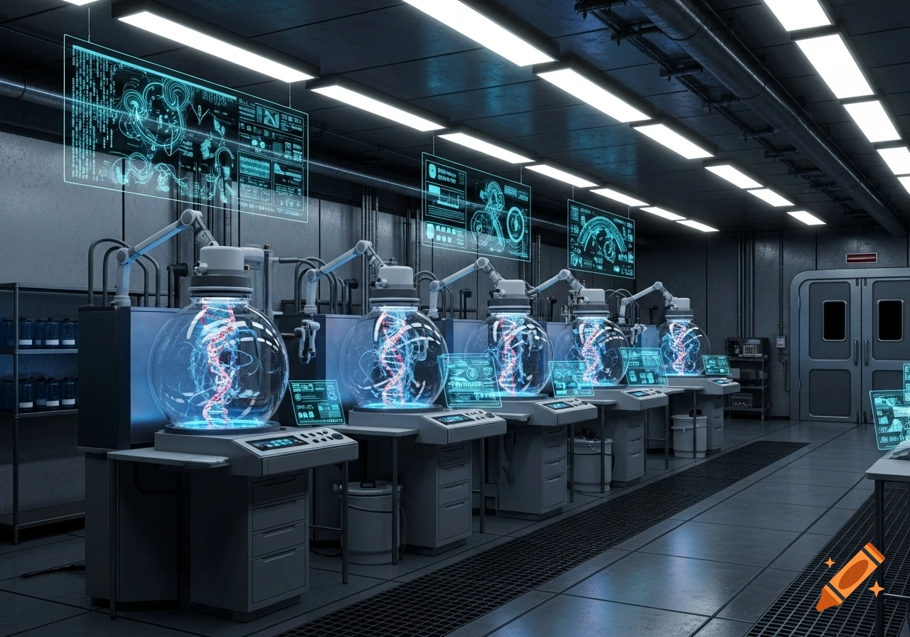 A futuristic scientific laboratory featuring multiple large spherical tanks with glowing DNA strands, robotic arms, and holographic screens.