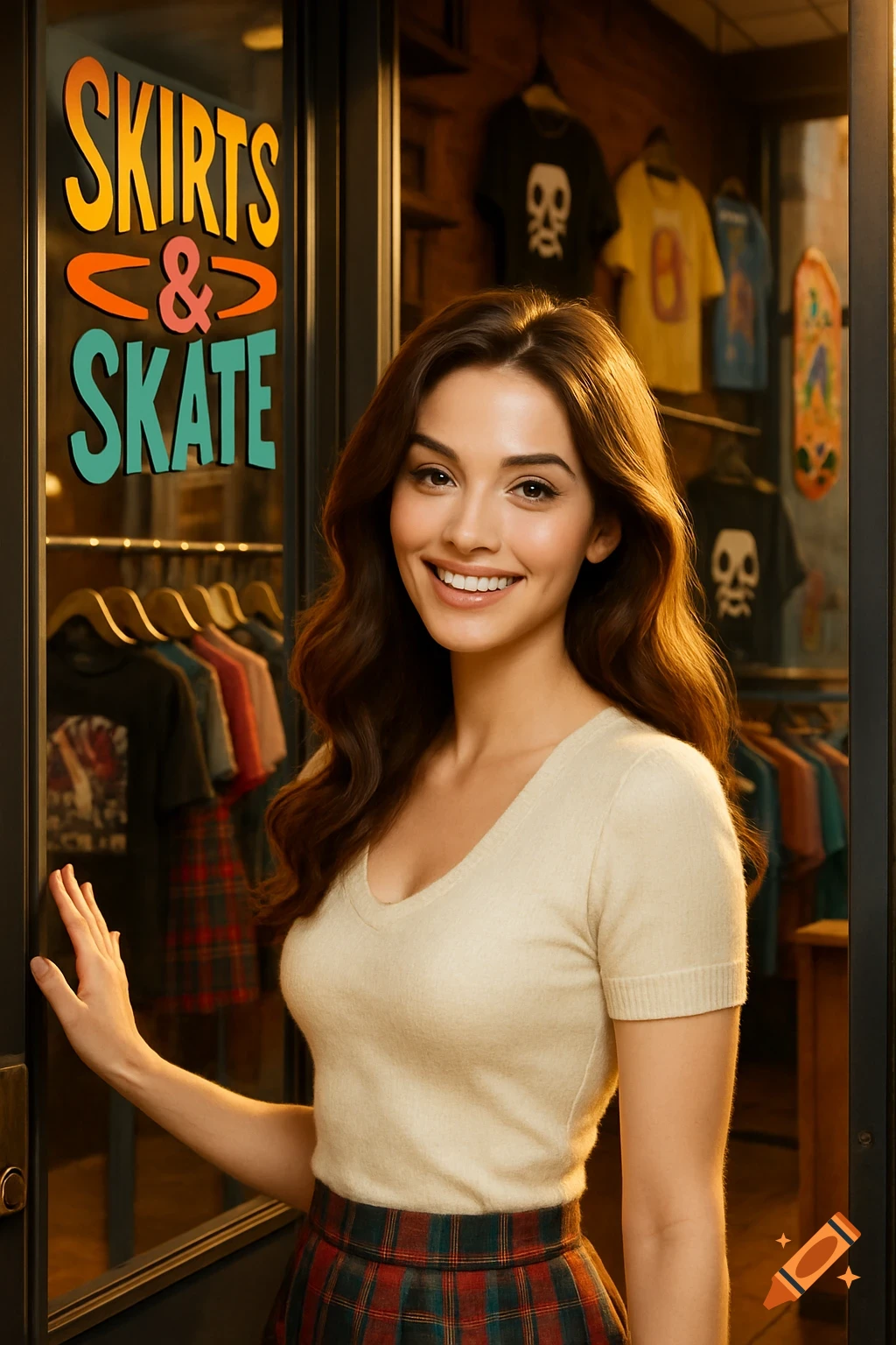 Photorealistic portrait of a smiling woman in a plaid skirt, welcoming into a 'Skirts & Skate' store.