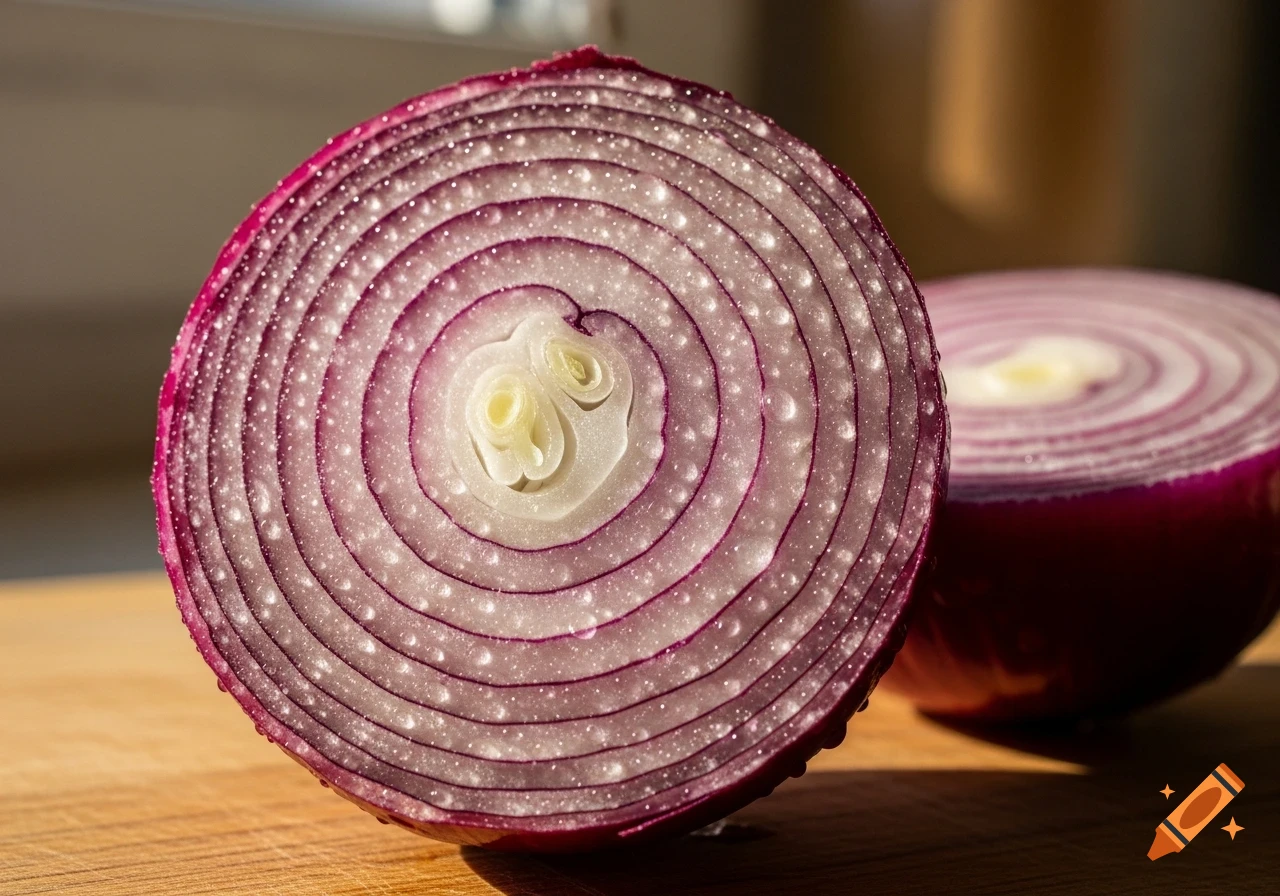 Close-up of a red onion cut in half, revealing purple and white concentric layers with water droplets, on a wooden surface.