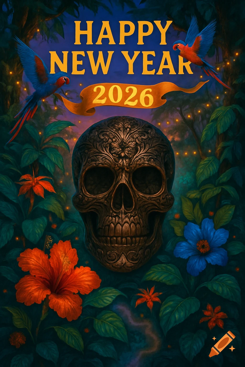 Vibrant illustration of an ornate skull surrounded by jungle foliage, tropical flowers, and two parrots, with a banner reading 'Happy New Year 2026'.