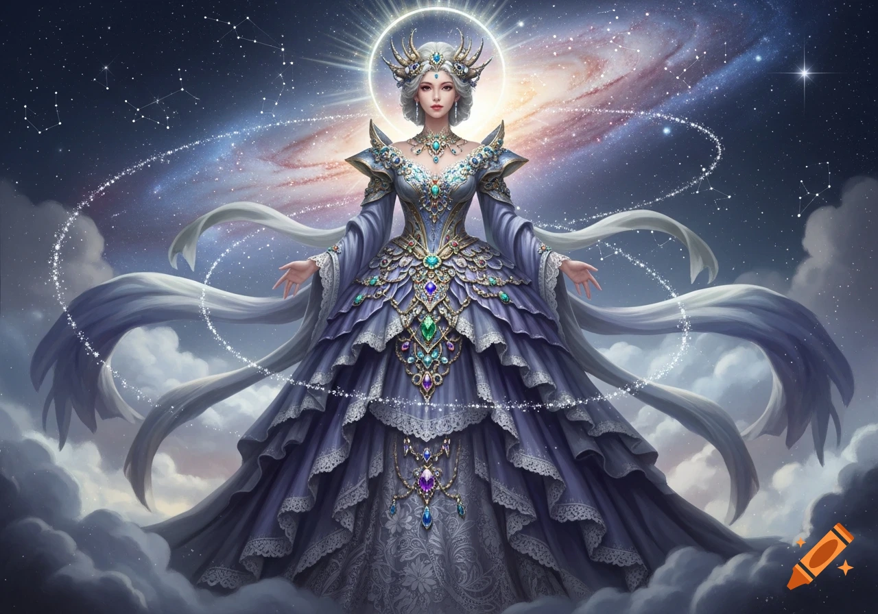 A celestial goddess in an ornate, jeweled, flowy lavender gown stands against a starry galaxy background with clouds.