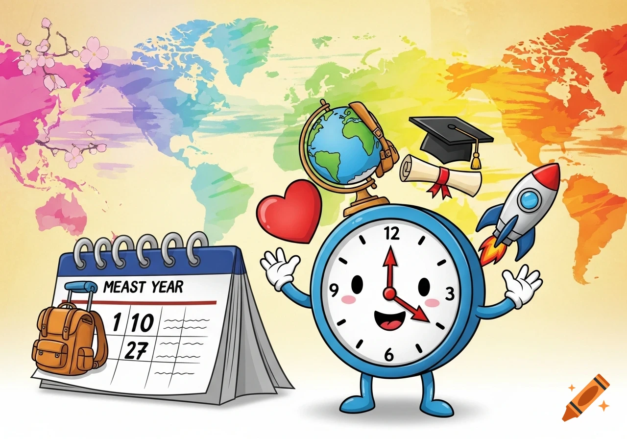 A cartoon clock character with a calendar, backpack, globe, graduation cap, rocket, and heart, set against a colorful world map background.