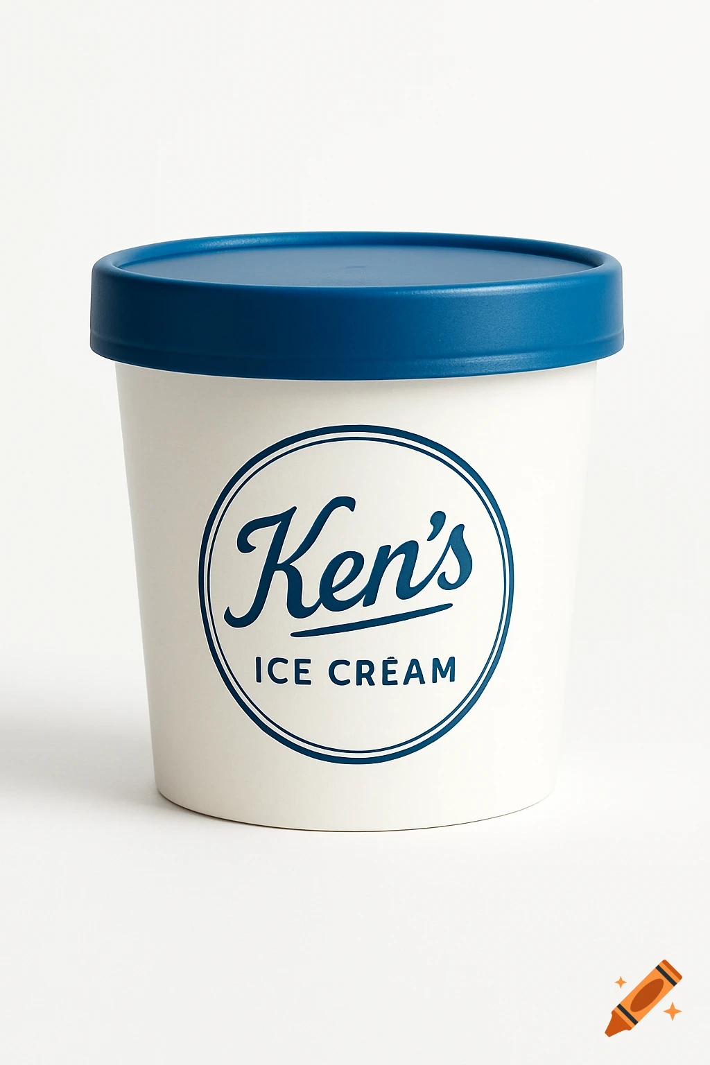 A white ice cream pint with a blue lid features a "Ken's Ice Cream" logo in blue cursive text on a white background, against a white backdrop.