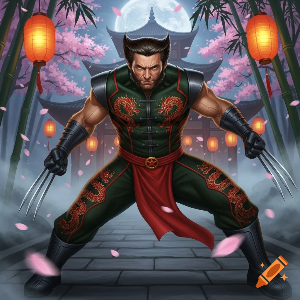 Wolverine in a green, dragon-patterned suit, claws out, in a moonlit Chinese garden with a pagoda and cherry blossoms. Comic art style.