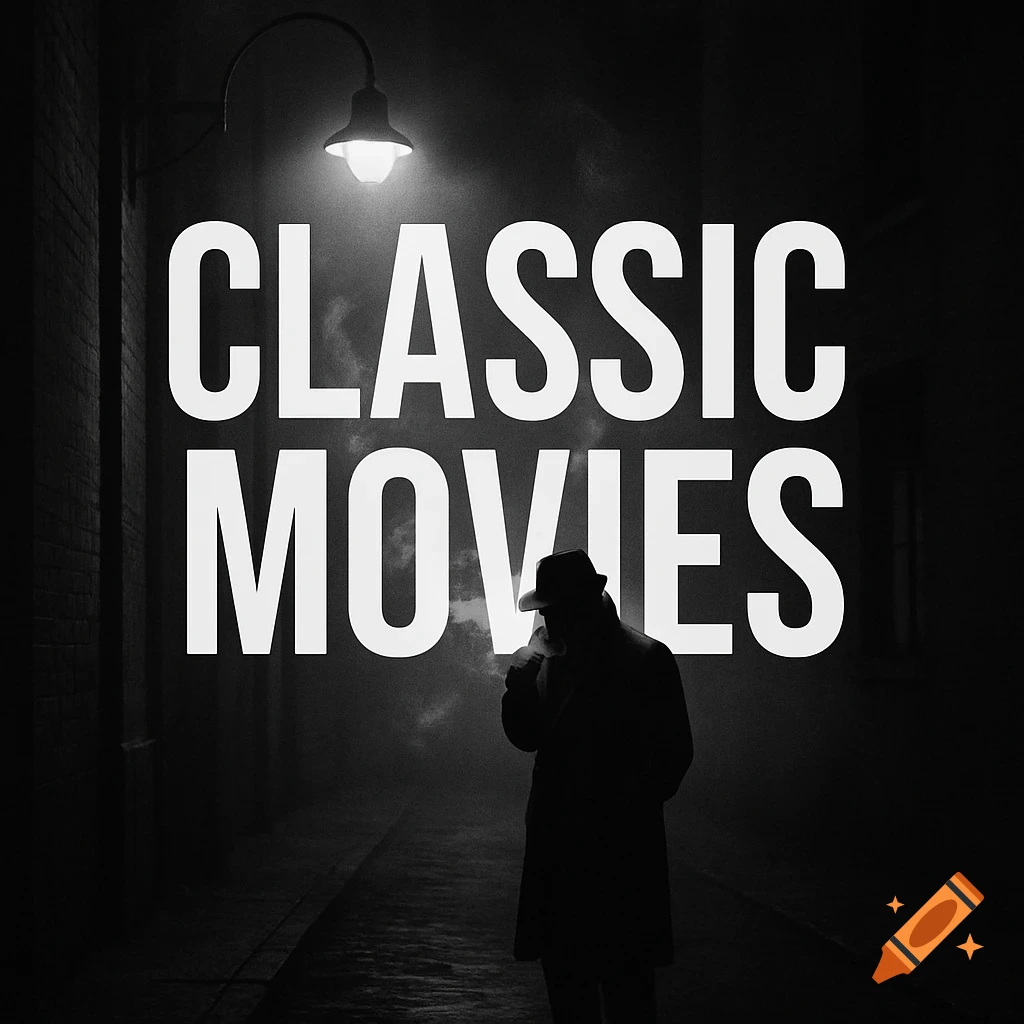Black and white film noir scene with a silhouetted man smoking under a street lamp, overlaid with 'CLASSIC MOVIES' text.