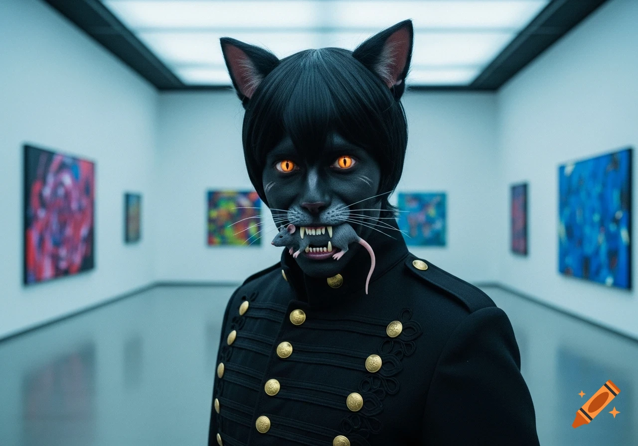 A person with black cat makeup, glowing orange eyes, and cat ears, wearing a black military jacket, holding a rubber rat in their mouth in an art gallery.