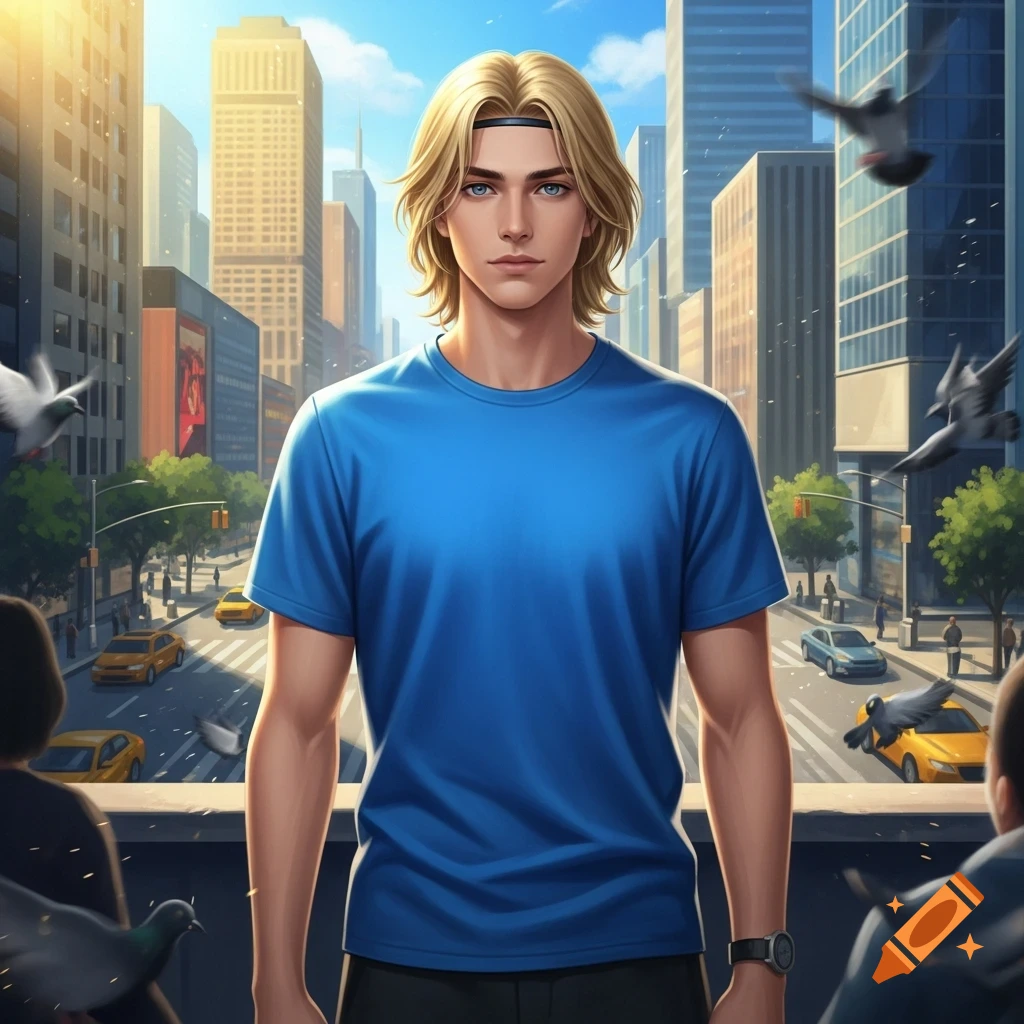 A blonde young man with a headband and blue t-shirt stands in a bustling city street, looking forward, in an anime style.