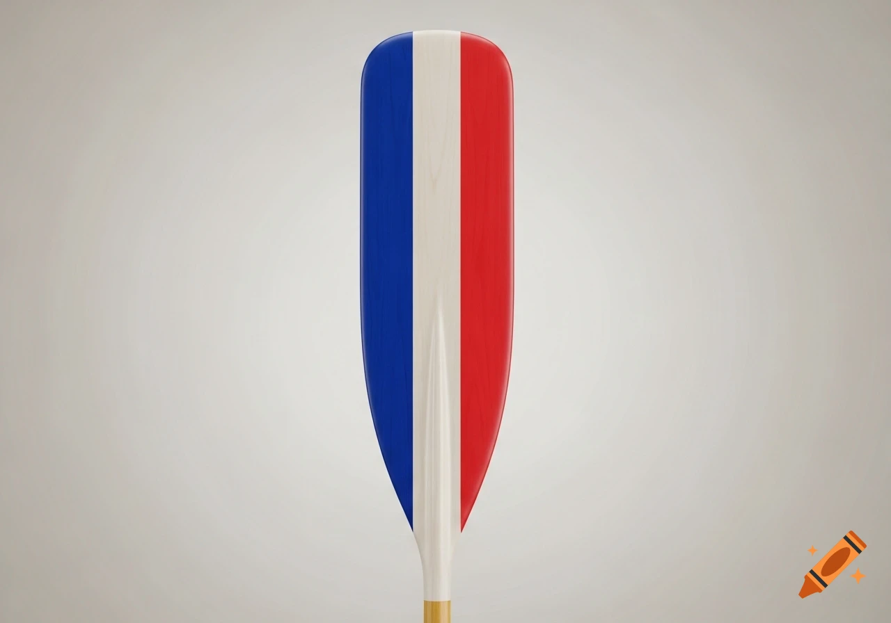 A canoe paddle blade with vertical blue, white, and red stripes, resembling the French flag, against a light background.