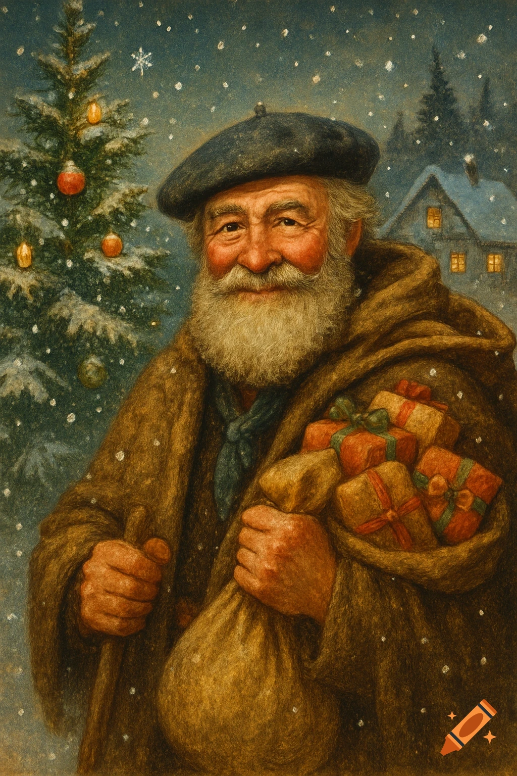 Smiling Olentzero in a beret and brown coat, holding a sack of gifts, in a snowy Christmas scene with a tree and house.
