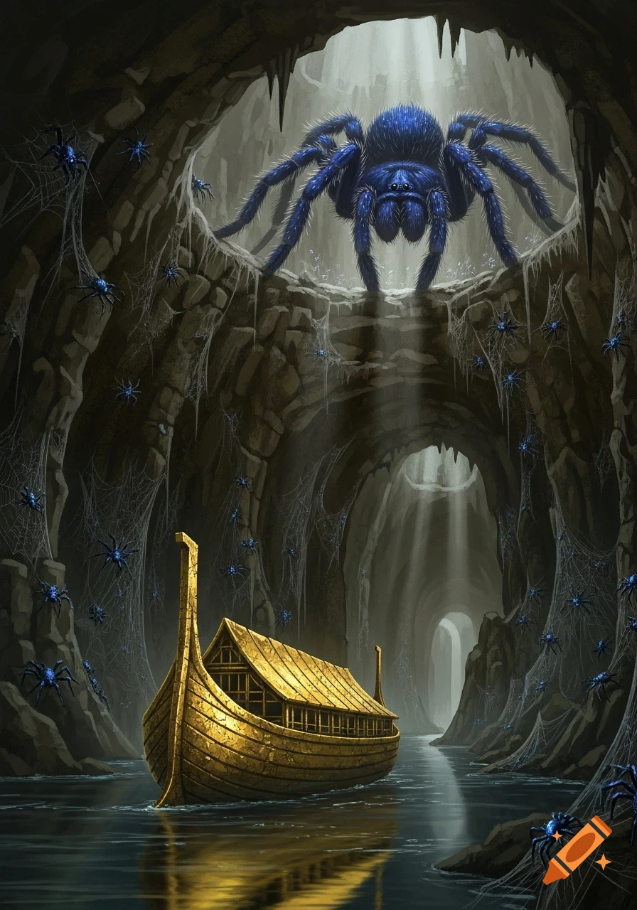A giant blue spider looms from a cave ceiling, surrounded by smaller blue spiders and webs, overlooking a golden boat on an underground river.