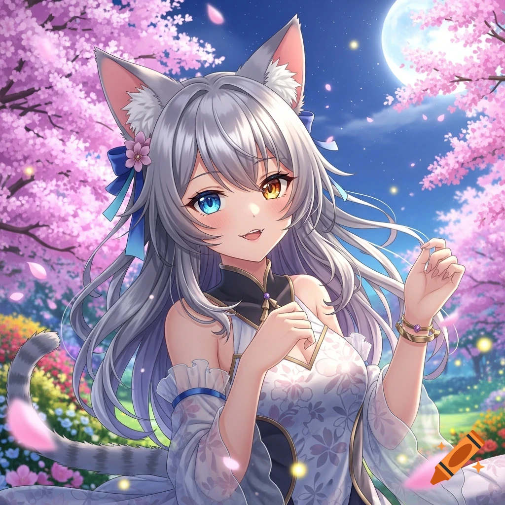 An anime cat girl with long silver hair and heterochromia eyes smiles in a moonlit cherry blossom garden.