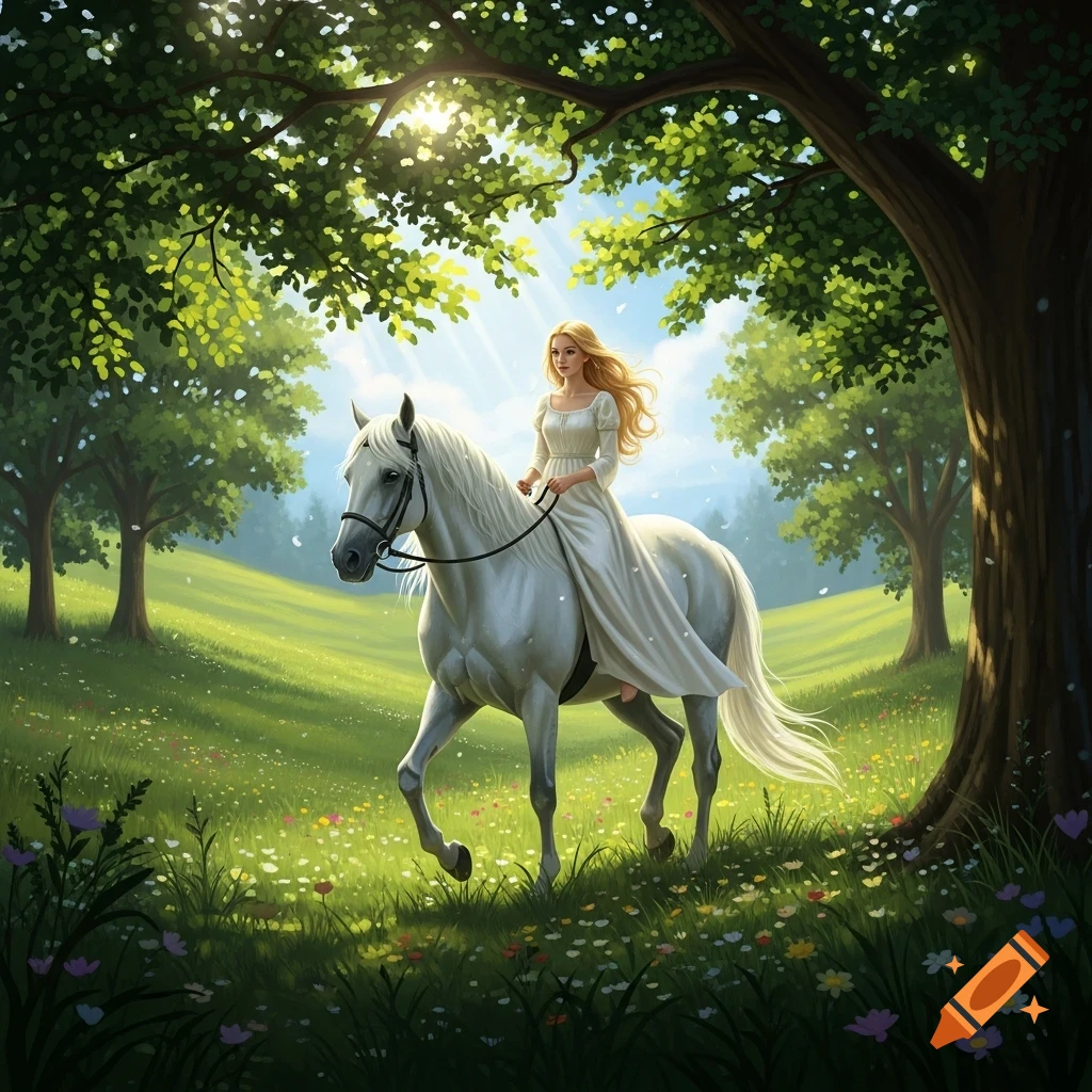 A blonde woman in a white dress rides a white horse through a sunlit, green meadow. Fantasy illustration.