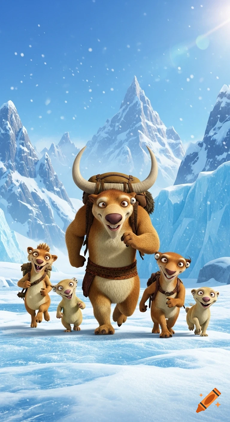Animated characters from Ice Age, including a large horned creature and smaller weasel-like animals, run through a snowy mountain landscape.