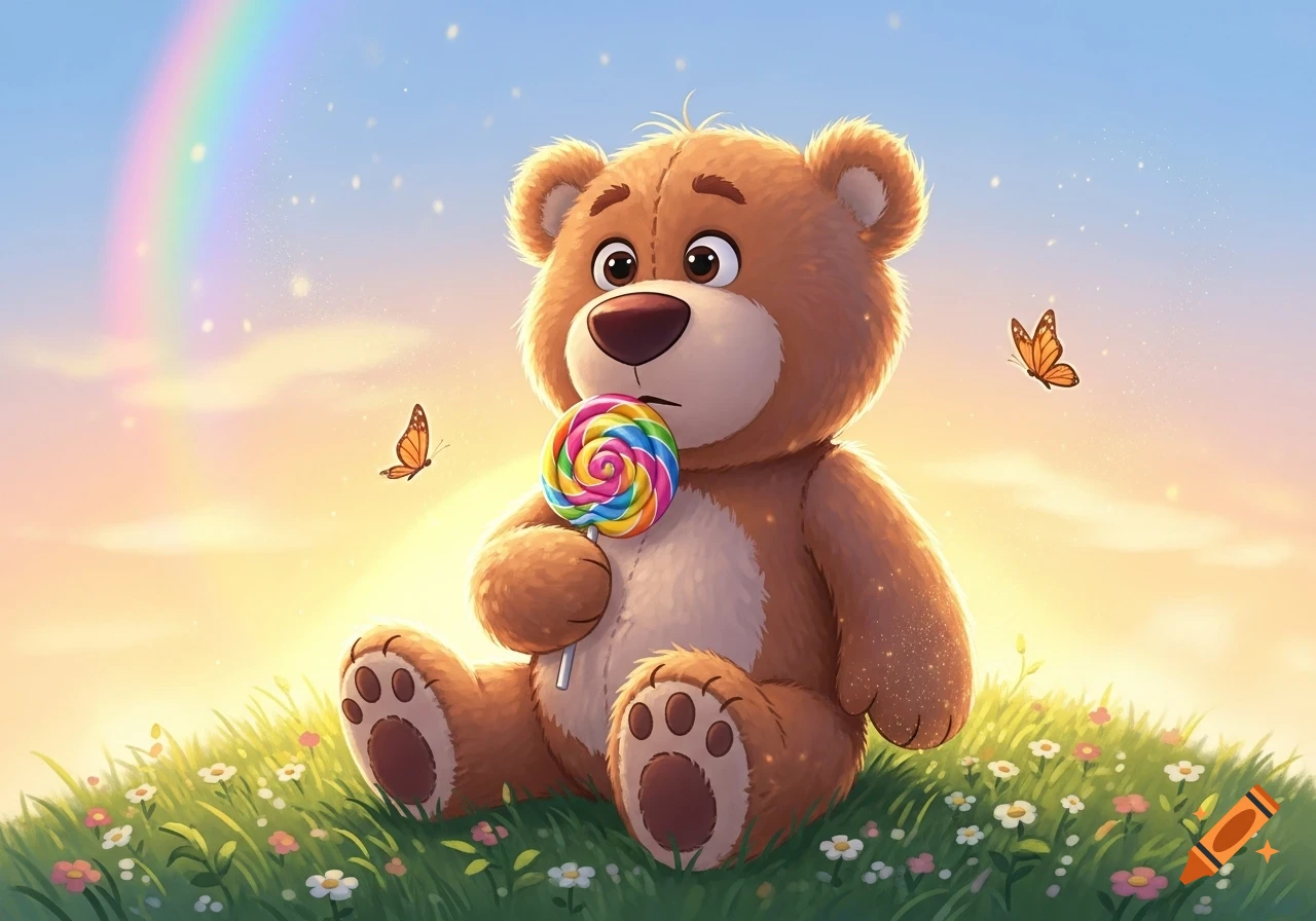 A cute, Pixar-style teddy bear sits in a sunny, flowery field, holding a colorful lollipop, with a rainbow and butterflies.