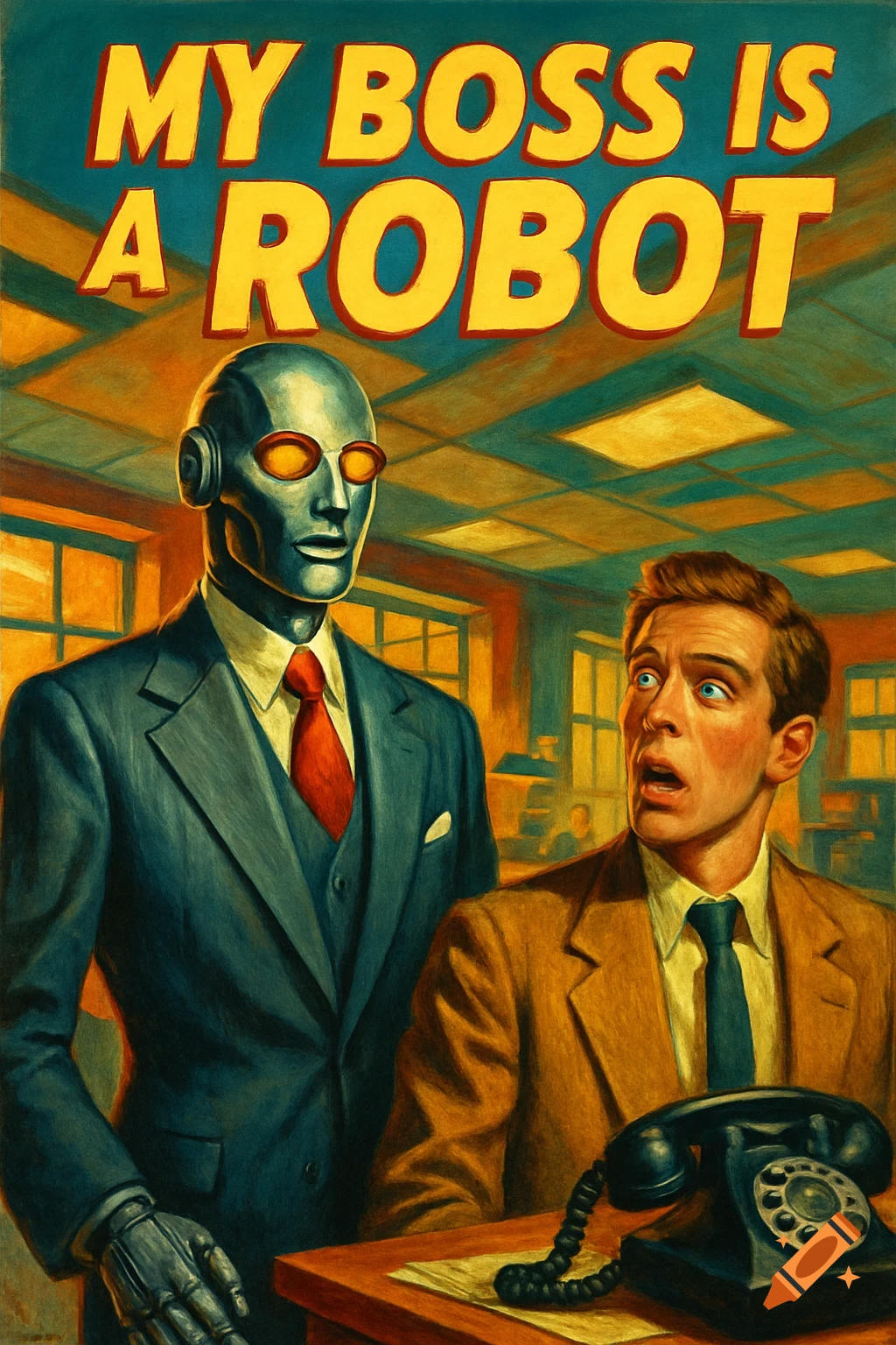 Retro pulp art illustration of a metallic robot in a suit standing next to a shocked man in an office. Text reads 'MY BOSS IS A ROBOT'.