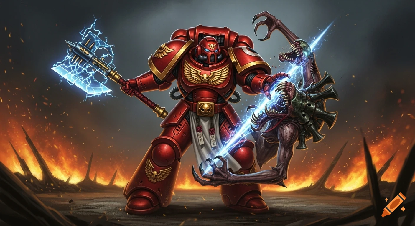 A red armored Blood Angels Space Marine wields a crackling energy axe against a monstrous Tyranid alien amidst a fiery, arid wasteland.
