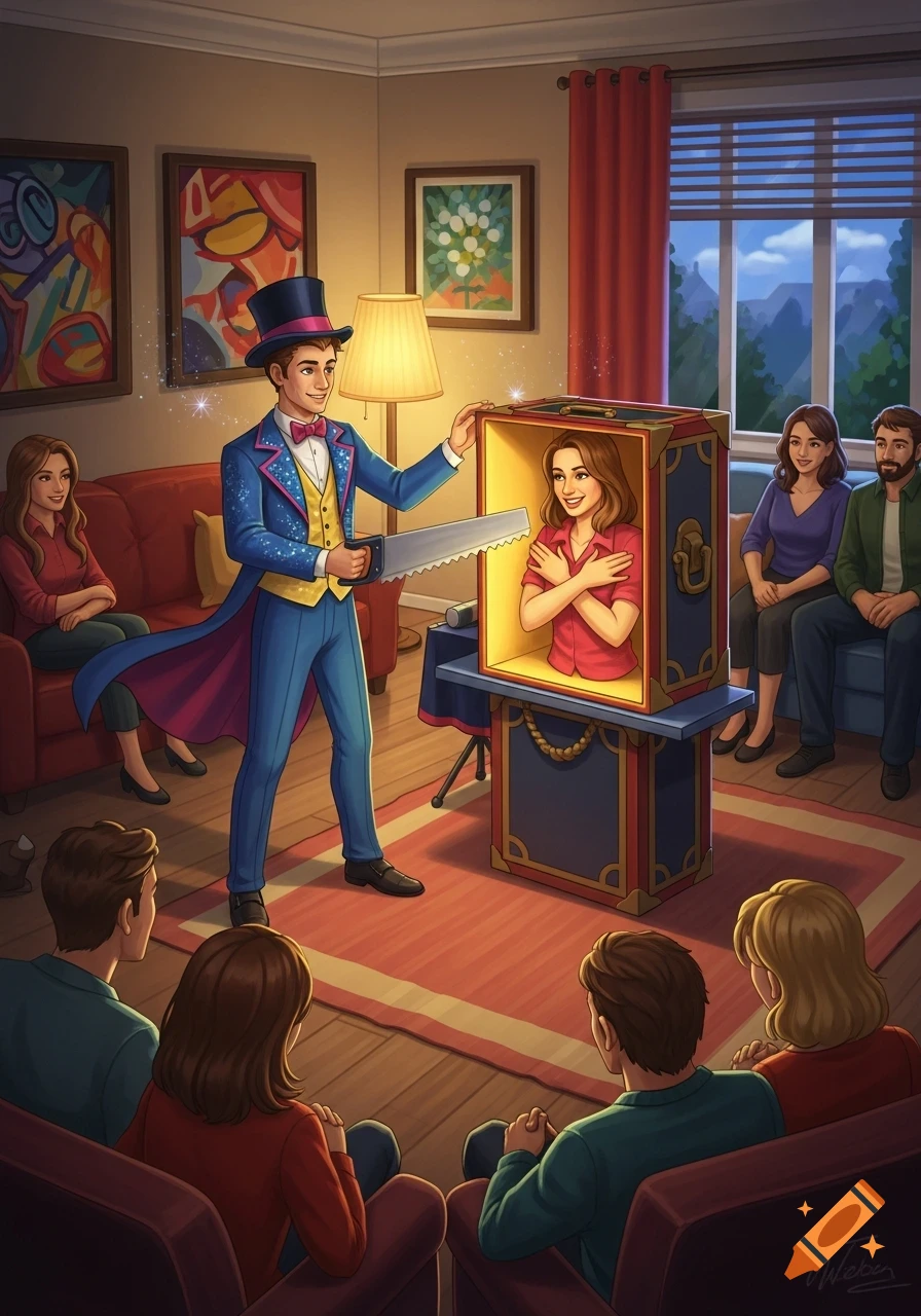 An illustrated magician performs the sawing-a-woman-in-half trick for a seated audience in a living room.