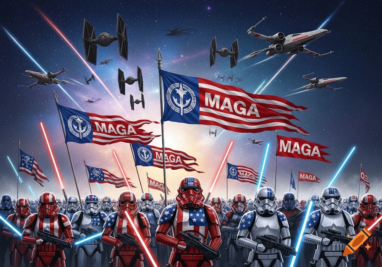 Star Wars stormtroopers in patriotic red, white, and blue armor march under "MAGA" flags, with X-wings and TIE fighters in a starry sky.