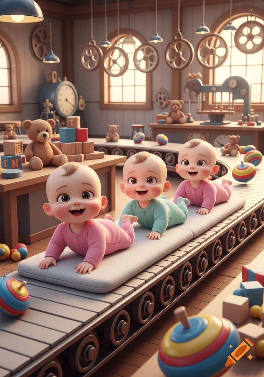 Three cute cartoon babies crawl on a conveyor belt in a whimsical toy workshop with blocks and teddy bears, 3D render.