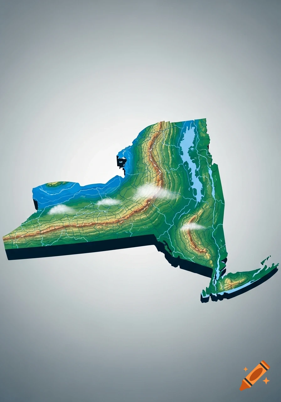 A stylized 3D topographical map of New York State with green mountains, brown valleys, blue lakes, and raised edges.